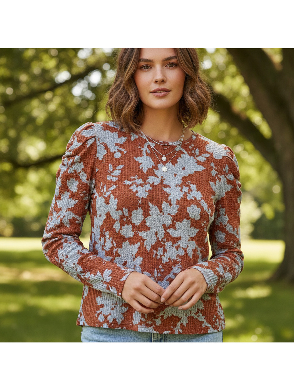Simply Vera Long Sleeve Waffle Knit Top in Rust & Grey Floral, Size Large